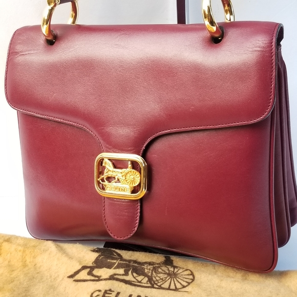 CELINE Vintage Rare Horse Carriage Burgundy Red Leather Top handle Classic Purse - Picture 2 of 16